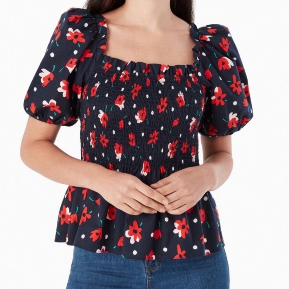Kate Spade Floral Smocked Puff Sleeve Top EUC